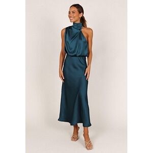 NY & C Large Teal Satin Halter Neck Midi Dress Style D4033